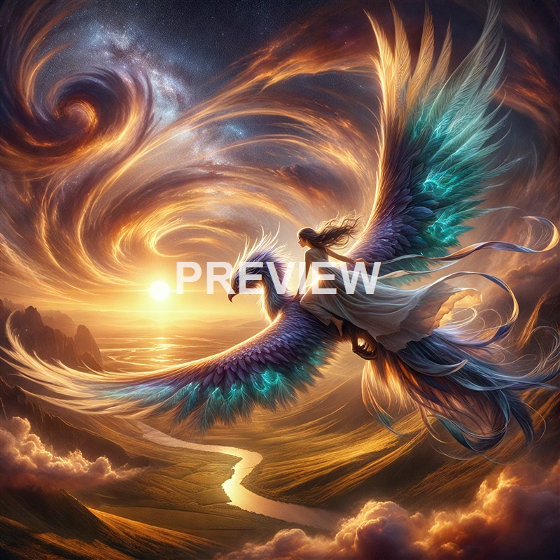 A fantastical scene featuring a woman riding a large, luminous bird with vibrant, glowing feathers against a dramatic sunset sky filled with swirling clouds and stars.